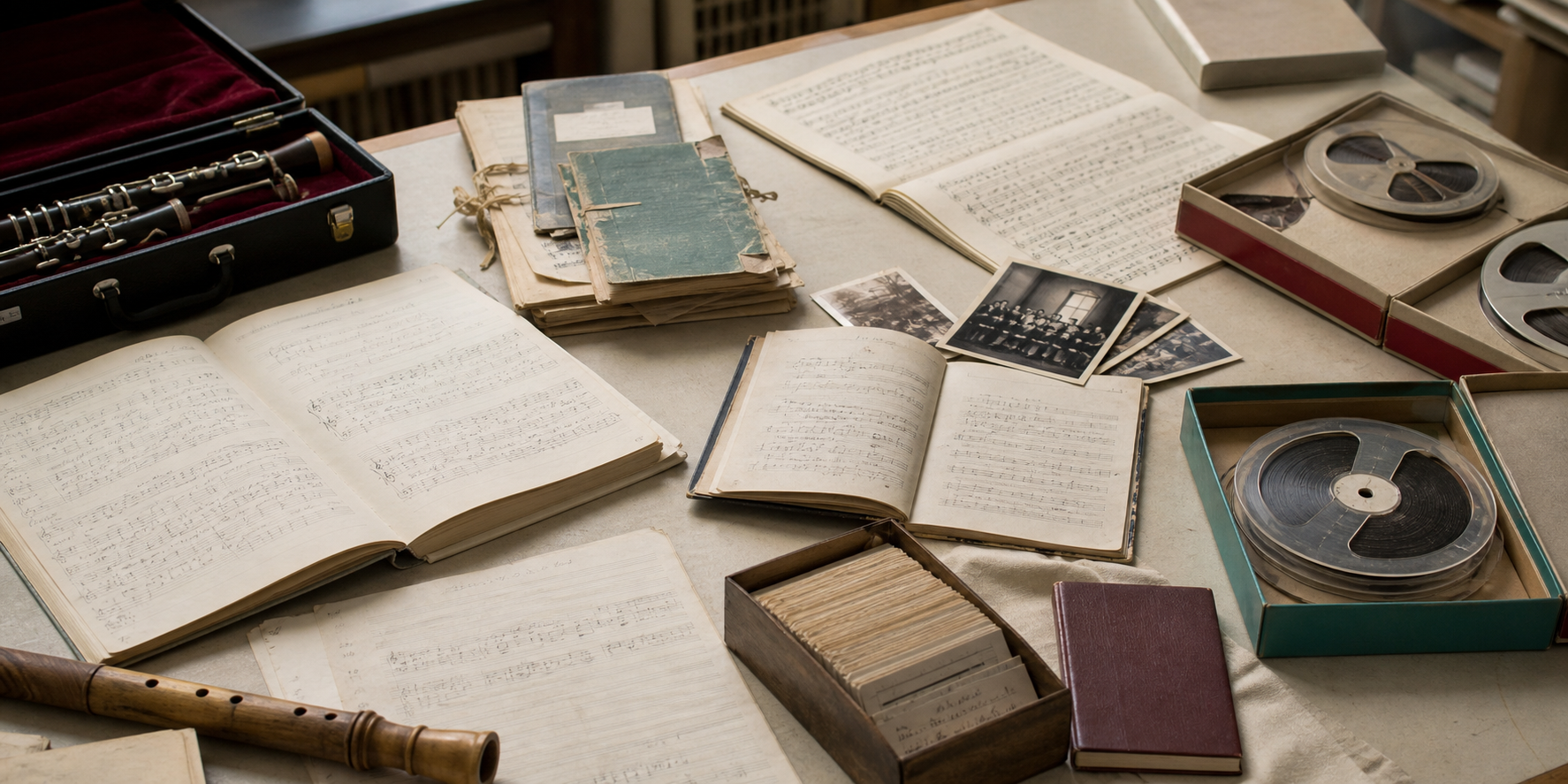 Archival table with musical manuscripts, recordings, catalog cards, and photographs